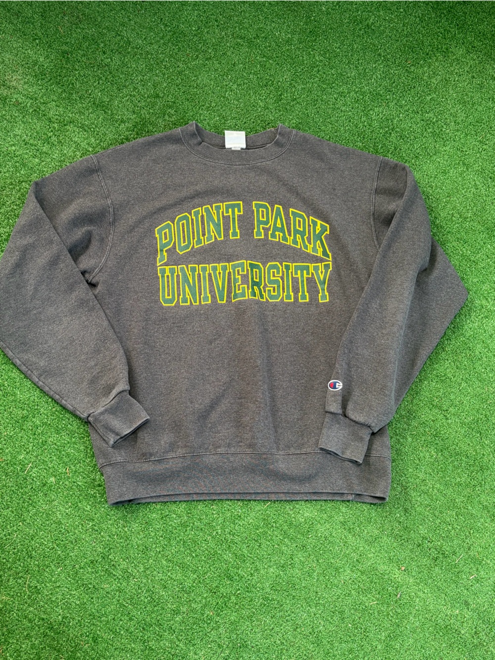 Champion Charcoal Crewneck Sweatshirt with Yellow Point Park University Script